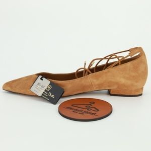 Massimo Dutti Women Tan Suede Pointed Toe Lace Up Ballet Flats Shoes Size 10